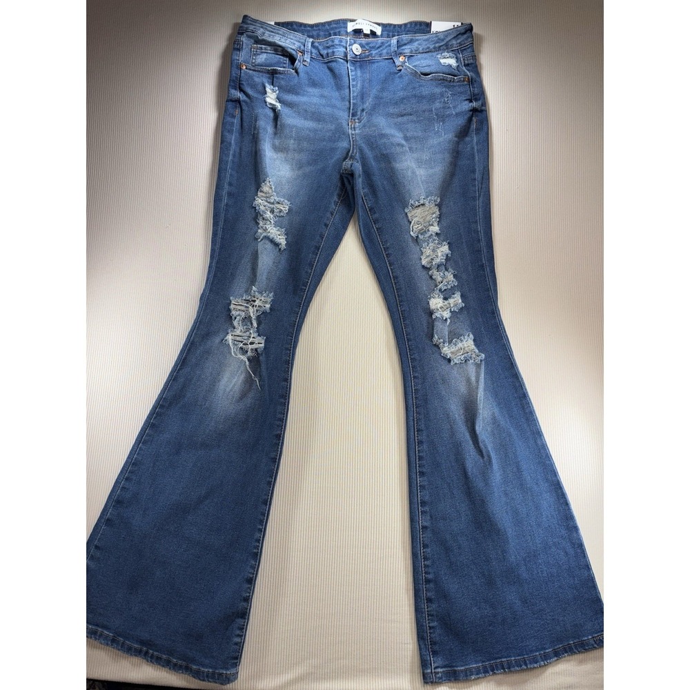 Almost Famous Low Rise Flare Distressed Women's Blue Jeans 11 Boho Cowgirl NWT